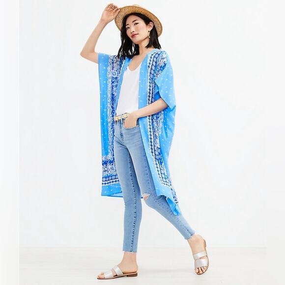 NEW LOFT Blue Boho Lightweight Flowy Summer Trellis Duster Wrap Size XS/S - Picture 1 of 12